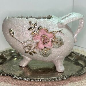 Victorian Style Japanese Porcelain Rose Planter Textured Footed Vase Gold Trim